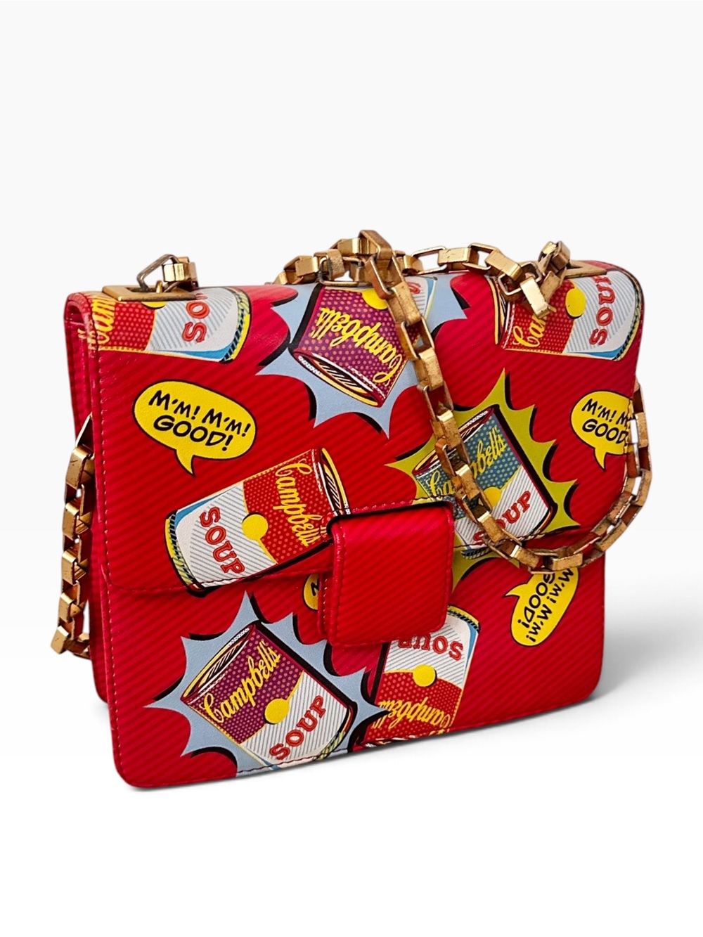 Jeon Los Angeles Warhol Campbells Pop Art Leather Crossbody Bag Red Gold